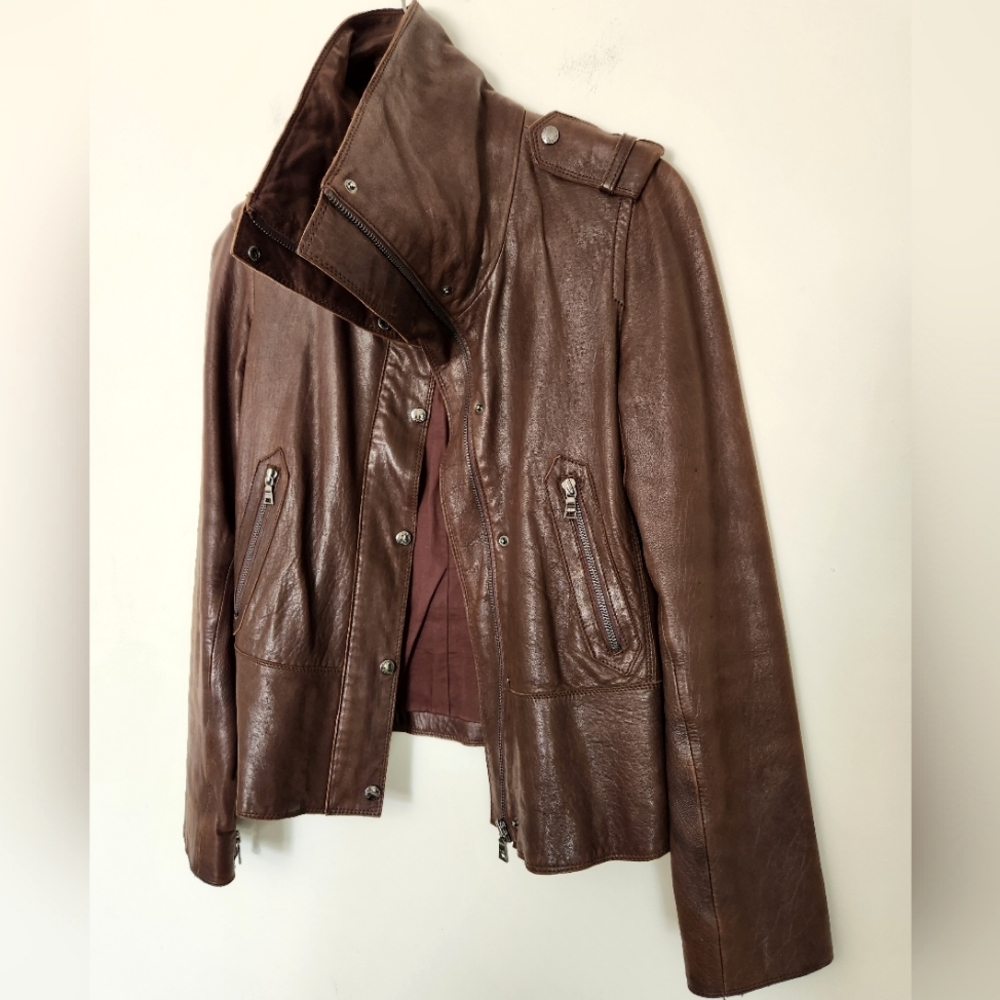 Andrew Marc Brown Leather Jacket Moto and Bomber Style Mixed